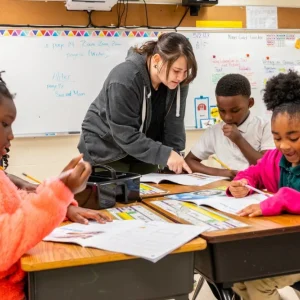 Jessica Caro, an arts teacher, works with students at Niner University Elementary, a lab school with the University of North Carolina Charlotte’s Cato College of Education.